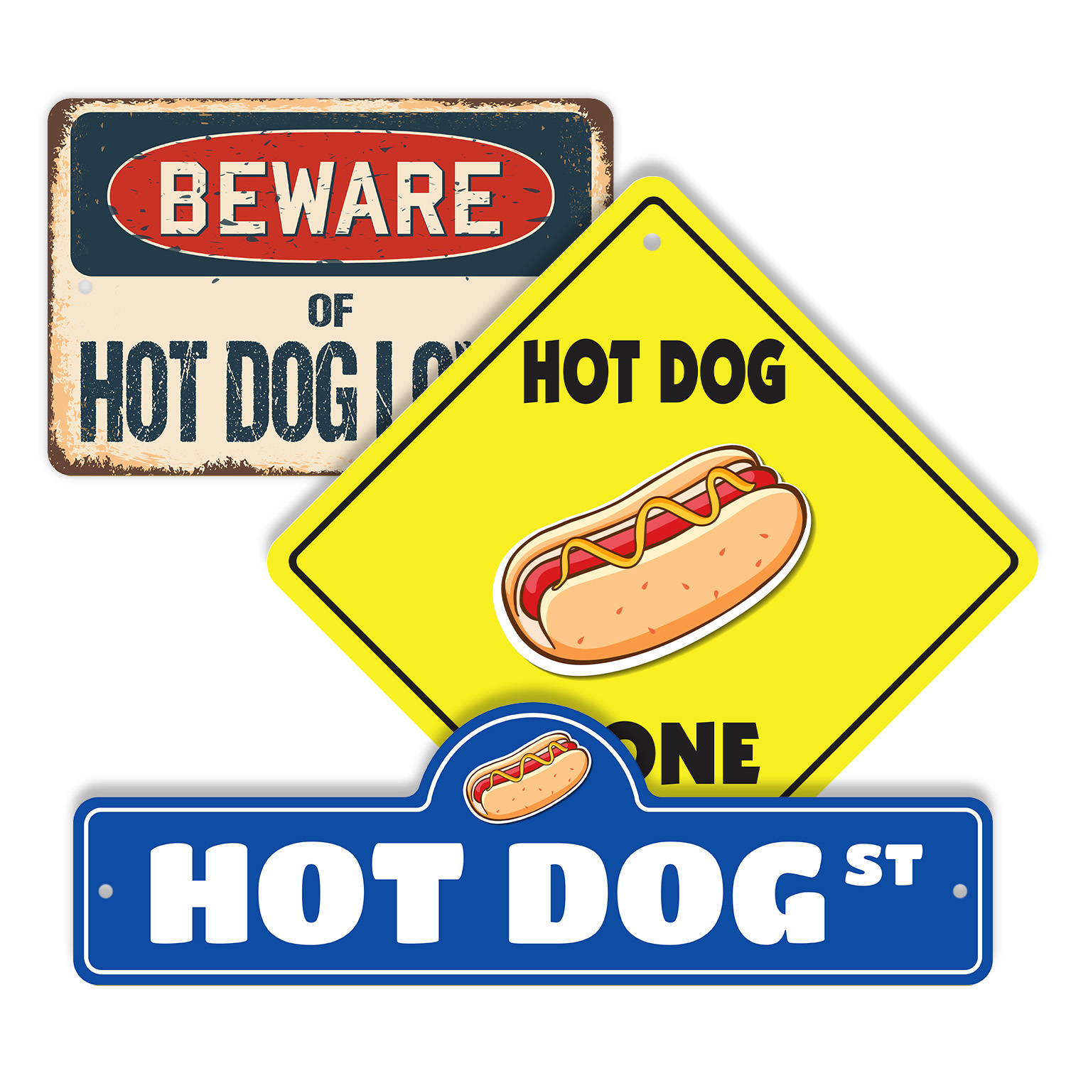 Hot Dog (3 Pack) Plastic Street Sign Crossing Warning Vintage